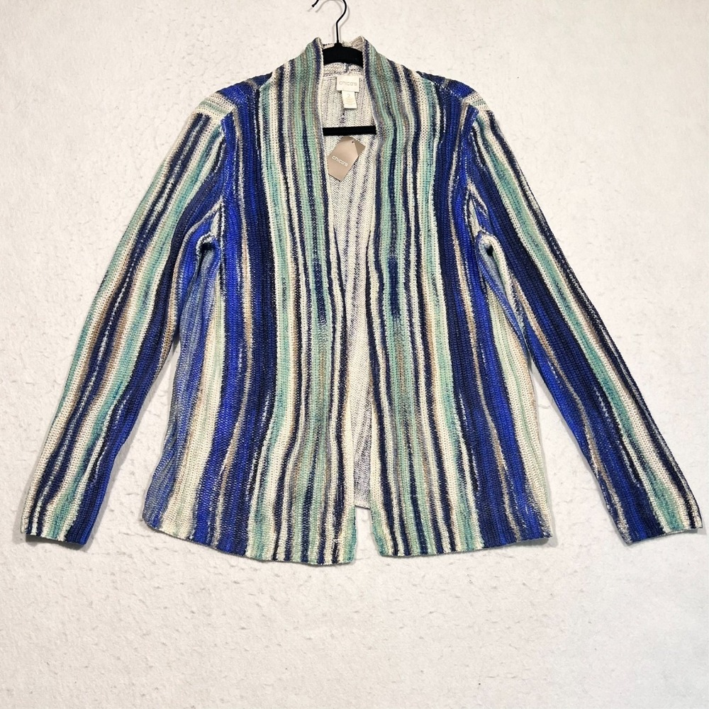 Chico's Cardigan Sweater Boho Linen Blend Broken‎ Stripe Cocoon Blue Cozy LNWT